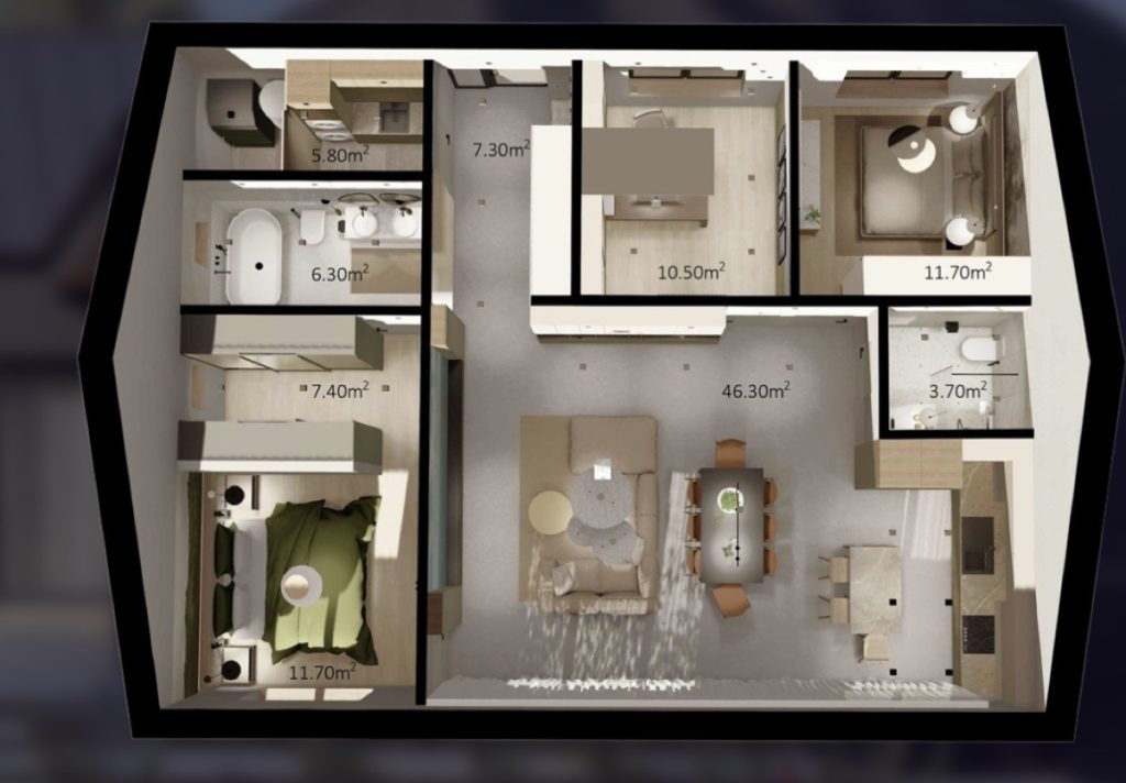 110 m² mājas plānojuma 3D vizualizācija ar telpu platībām - atvērtā dzīvojamā zona, trīs guļamistabas un divi sanitārie mezgli