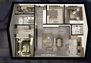 110 m² mājas plānojuma 3D vizualizācija ar telpu platībām - atvērtā dzīvojamā zona, trīs guļamistabas un divi sanitārie mezgli