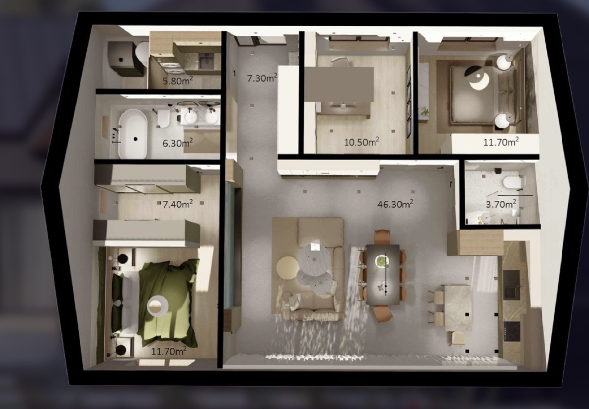 110 m² mājas plānojuma 3D vizualizācija ar telpu platībām - atvērtā dzīvojamā zona, trīs guļamistabas un divi sanitārie mezgli